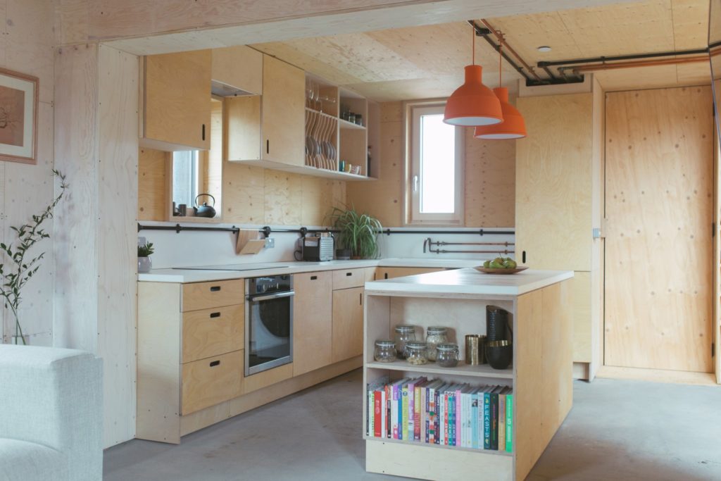 This is an interior kitchen photograph of Box House. It is made of U-Build in collaboration with Studio Bark and has been featured on the Grand Designs TV show.