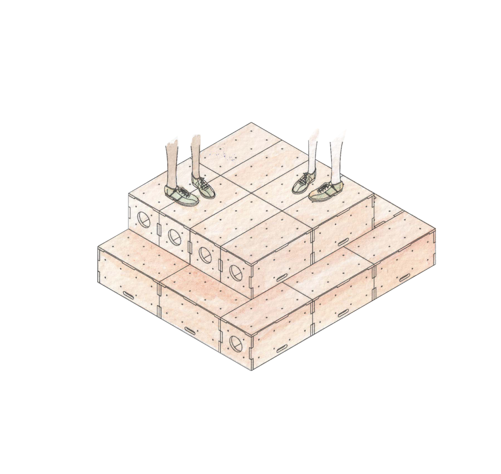 An illustration of a three-level platform made of sustainable spruce plywood boxes, with two pairs of legs standing on the top level. The upper bodies of both figures are faded and not visible.