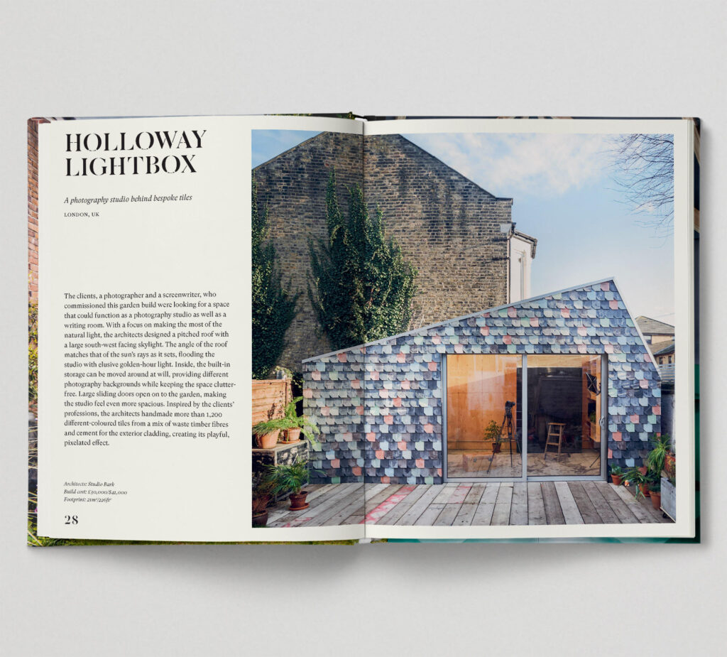 Open book with a photo of a small modern studio building covered in colourful, recycled tile-like shingles, featuring large glass doors and surrounded by greenery, alongside descriptive text titled Holloway Lightbox highlighting sustainability.