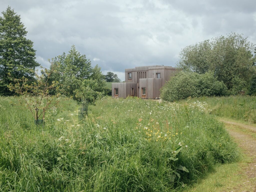 A modern, boxy wooden house built with a U-Build system sits surrounded by tall grass, wildflowers, and trees under a cloudy sky, with a dirt path leading towards the building.