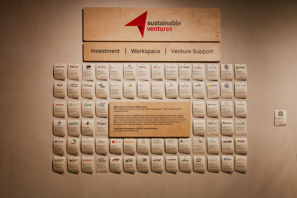 A wall display with the Sustainable Ventures logo and the words Investment | Workspace | Venture Support above a grid of start-up and company logos—including U-Build—featured on individual cards.
