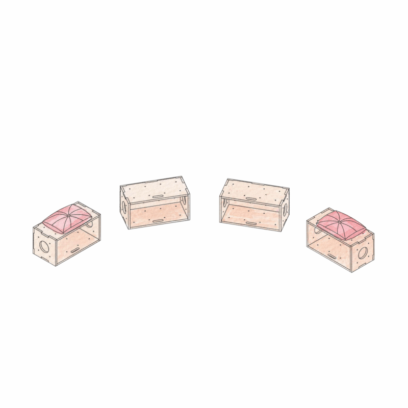 Four wooden boxes are arranged in a semicircle. Two boxes have pink dome-shaped cushions on top, whilst the other two are empty and open with no covers or cushions.