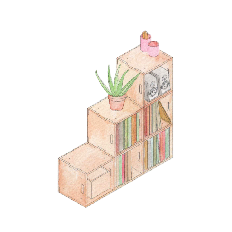 A wooden step-style bookcase holds books, a box, two speakers, a potted aloe plant, and coloured pencils—capturing the cosy charm of an East London Record Room in a soft, pastel illustration style.