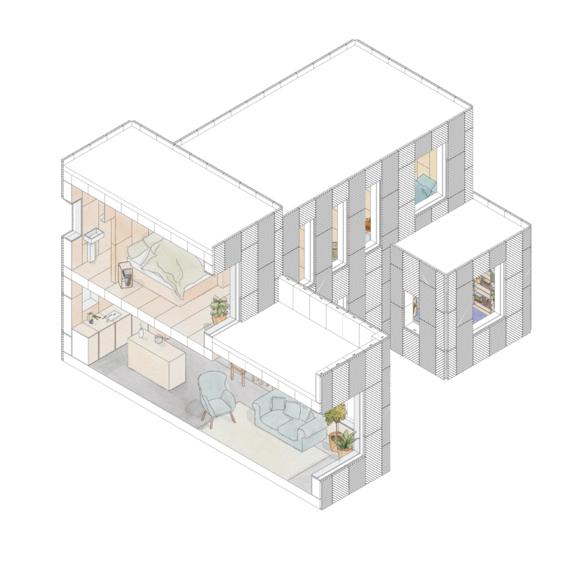 Isometric drawing of a modern two-storey house with visible interior rooms including a living area, kitchen, bedroom, bathroom, and study, featuring furniture and indoor plants.