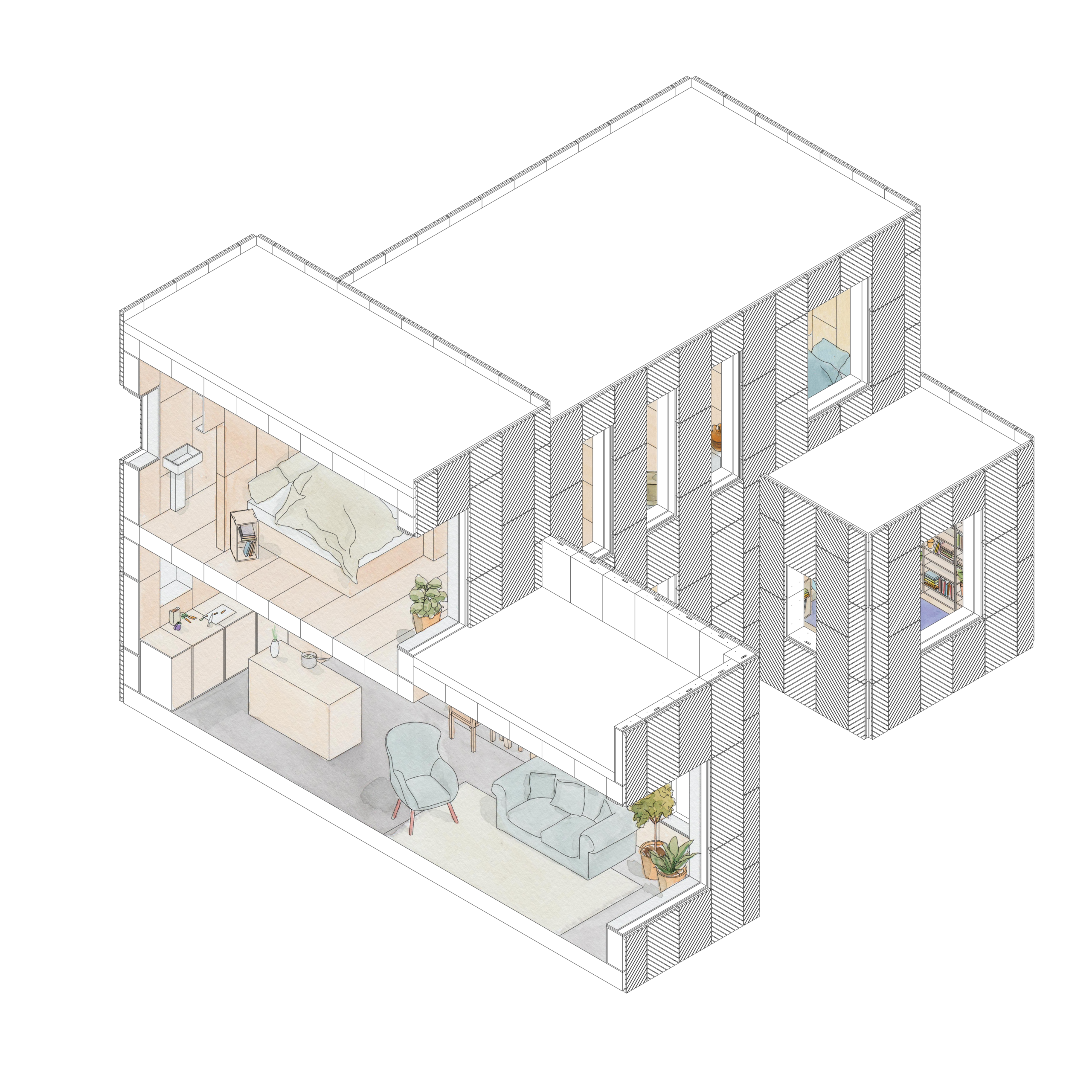 Isometric drawing of a modern two-storey house with visible interior rooms including a living area, kitchen, bedroom, bathroom, and study, featuring furniture and indoor plants.