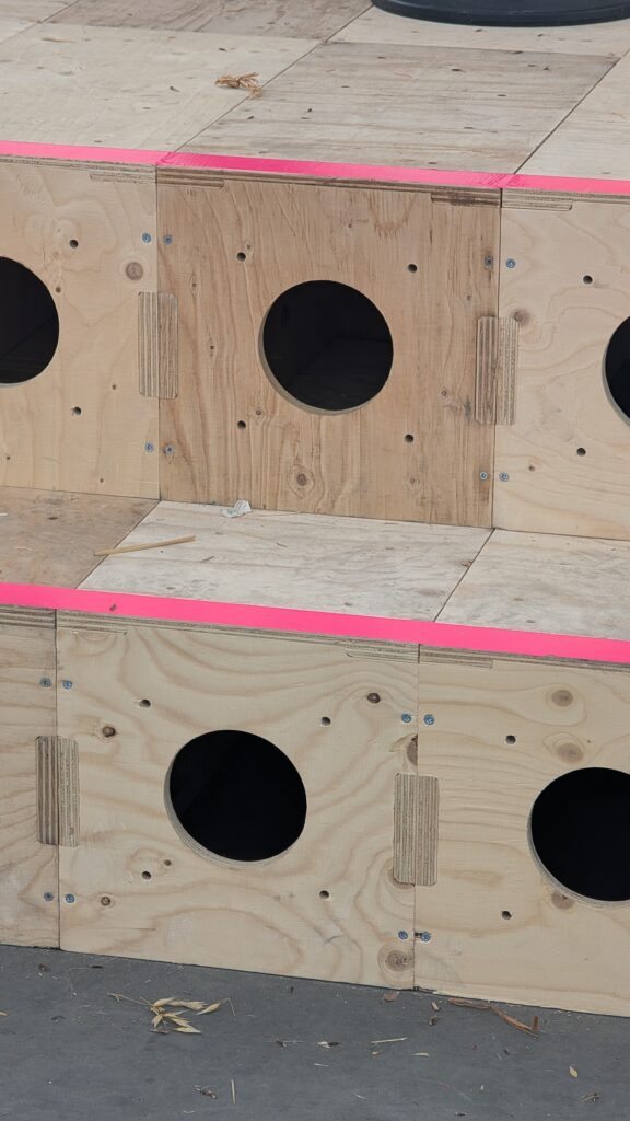 Three tiers of wooden boxes with circular cut-out holes are stacked together, their edges lined with bright pink tape. Reminiscent of a Triumph of Art installation, the scene feels at home in a modern National Gallery exhibition for 2025.