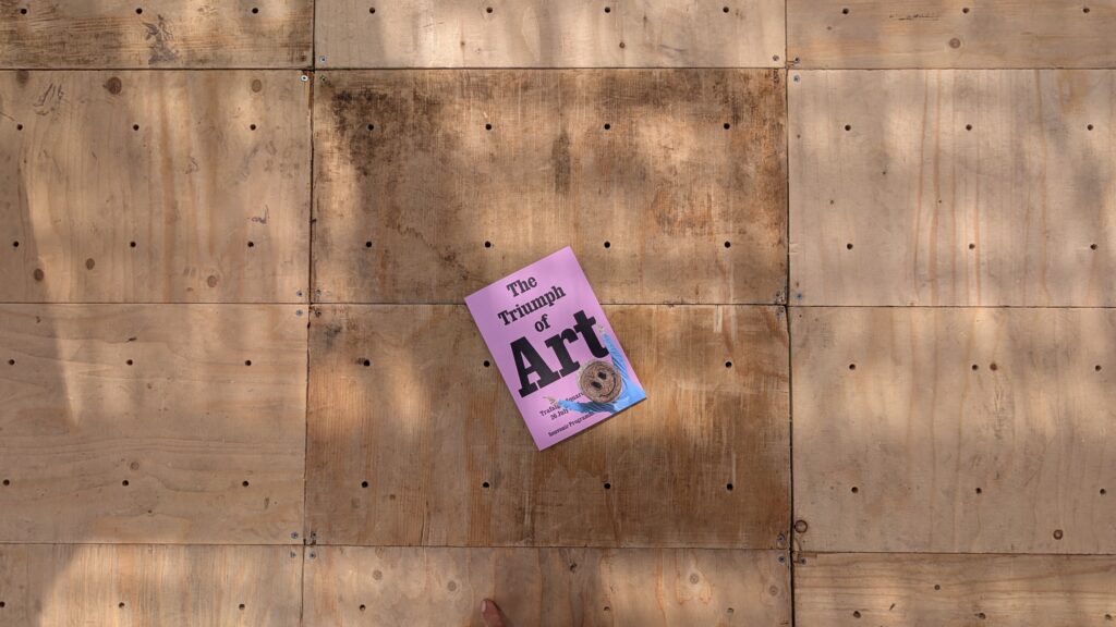 A pink book titled The Triumph of Art lies on a large wooden surface made of square panels with holes, reminiscent of installations at the National Gallery. Shadows of leaves are visible across the boards, and part of a person’s finger shows at the bottom.