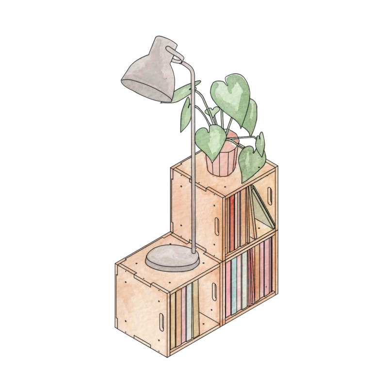 A wooden, stepped bookcase from East London holds colourful books, a potted plant with heart-shaped leaves, and a modern desk lamp on top. The background is plain white, evoking the curated vibe of a Record Room.