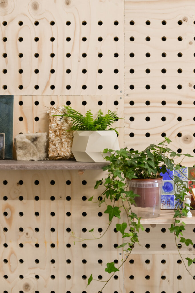 A wooden pegboard wall from Dekiln Workshop with two shelves holds potted plants, a decorative stone, and small items. One plant has trailing vines, and another is in a geometric white pot with fern-like leaves.