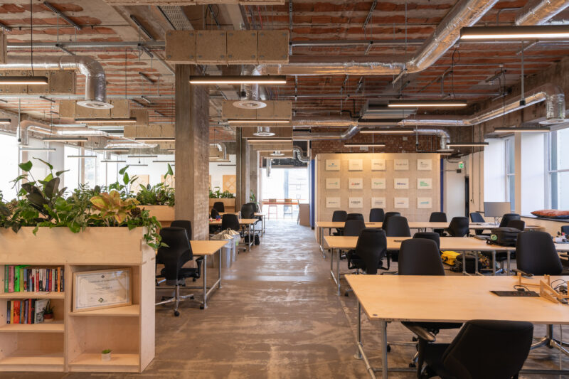 Open-plan modern office in Manchester with wooden desks, black chairs, and exposed ceilings. Large windows fill the space with natural light. Plants and bookshelves add greenery—a fitting home for Sustainable Ventures and a hub for sustainable business.